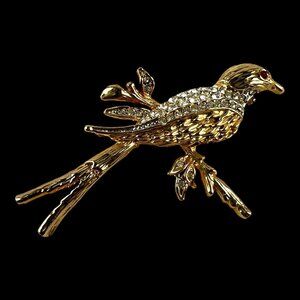 Vintage Gold Tone Rhinestone Bird Brooch Pin Red Eye Perched Songbird 2.25"